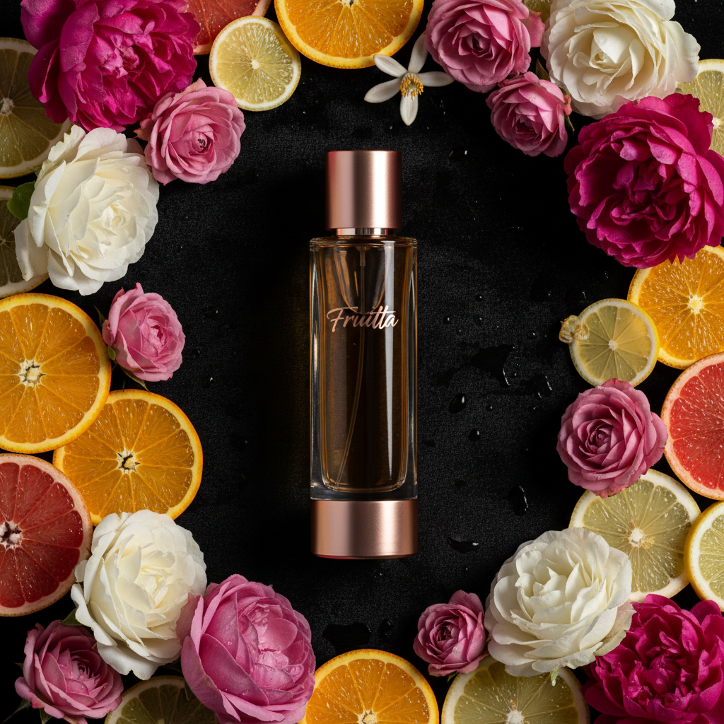 Fruitta Eau de Parfum bottle with flowers and citrus on dark velvet