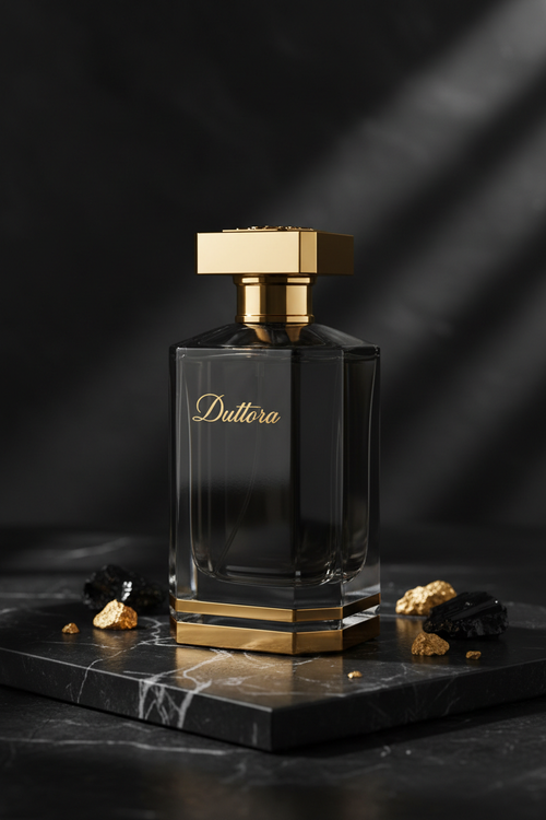 Duttora perfume bottle on dark marble surface with dramatic lighting