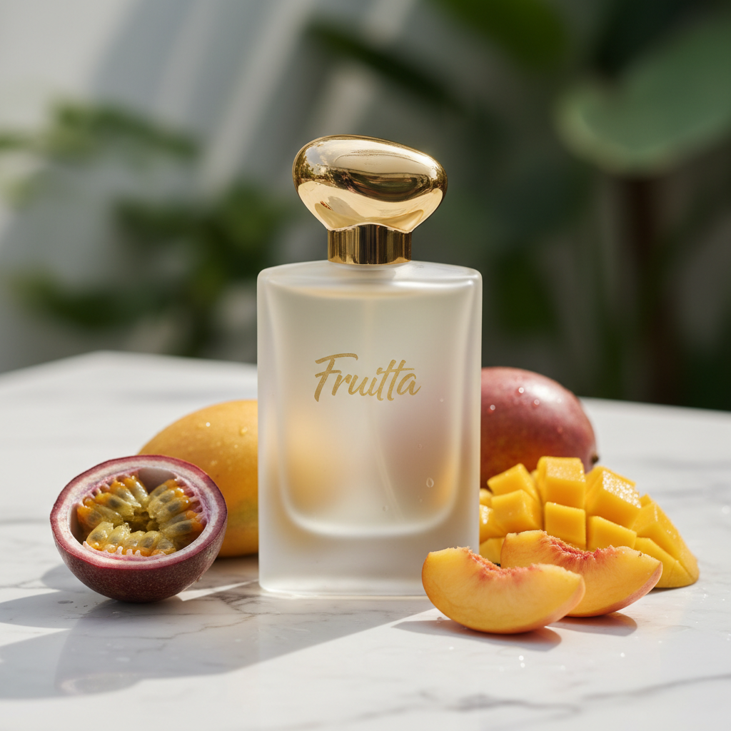 Fruitta Eau de Parfum bottle on white marble with tropical fruits