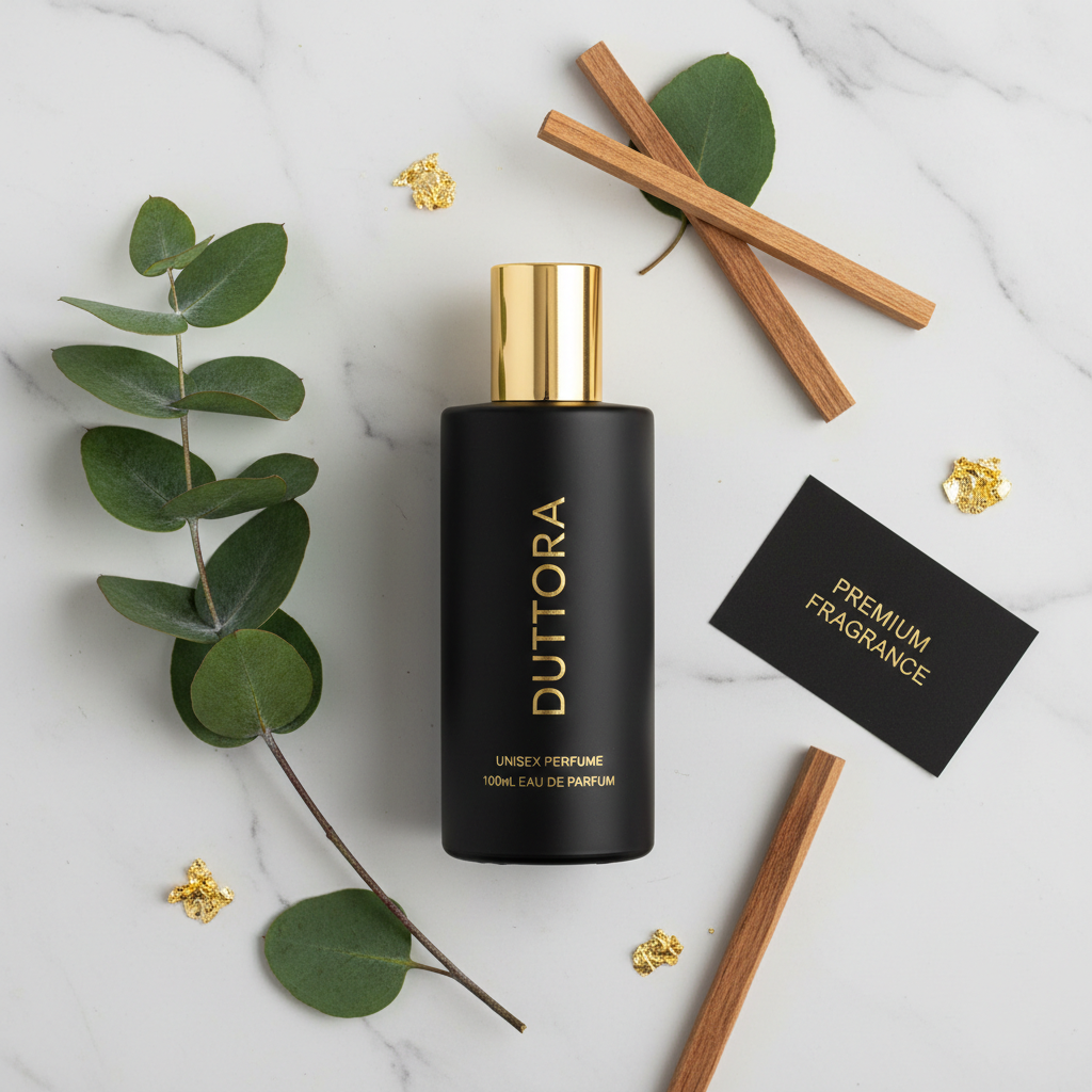 Duttora perfume minimalist flat lay on white marble with botanicals