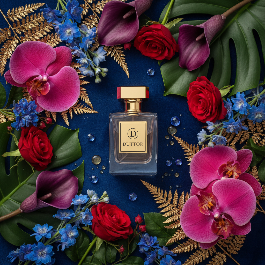 DUTTOR perfume with botanicals flat lay