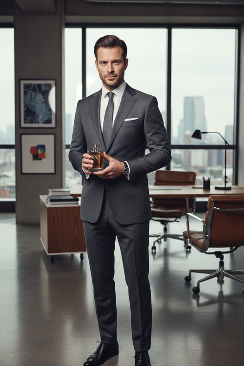 Confident man in tailored Hugo Boss suit holding Boss Bottled perfume bottle