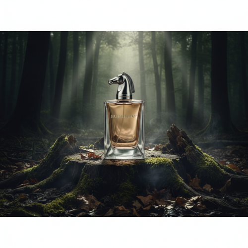 Burberry Hero Eau de Parfum bottle, dramatic moody lighting