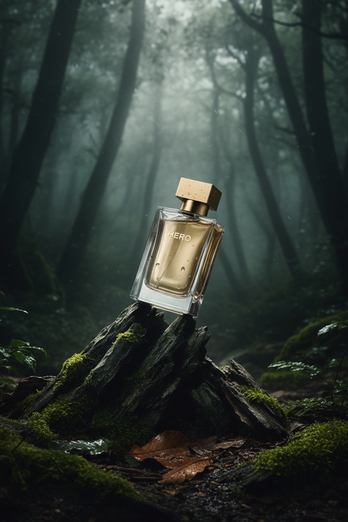 Burberry Hero cologne bottle on a rock in a misty forest