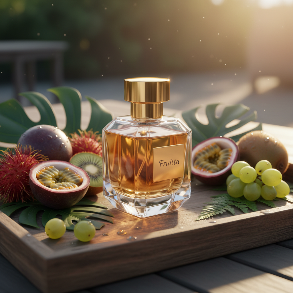 Fruitta Eau de Parfum bottle in golden sunlight with exotic fruits