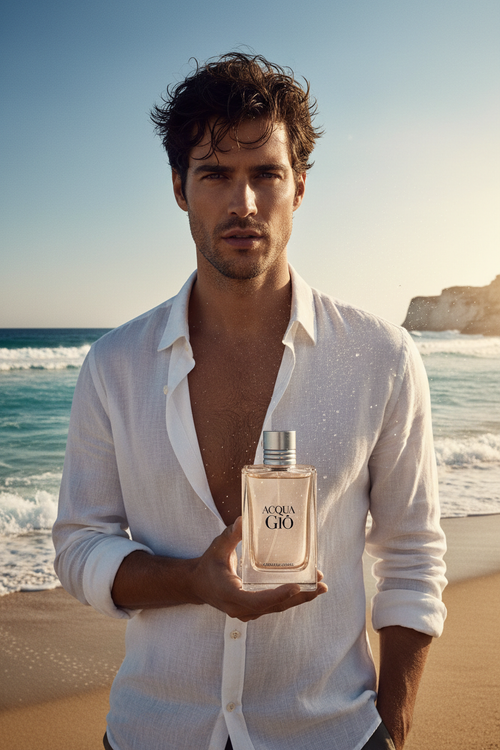 Handsome man on Mediterranean beach holding Acqua di Giò cologne bottle