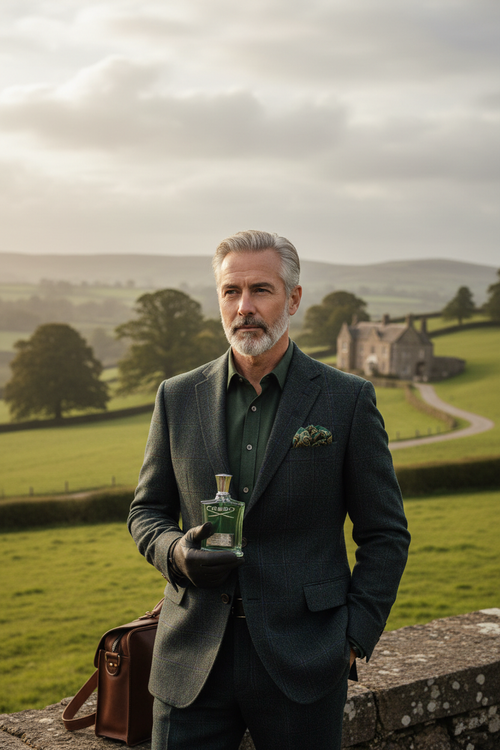 Distinguished man in tweed jacket holding Creed Green Irish Tweed perfume bottle