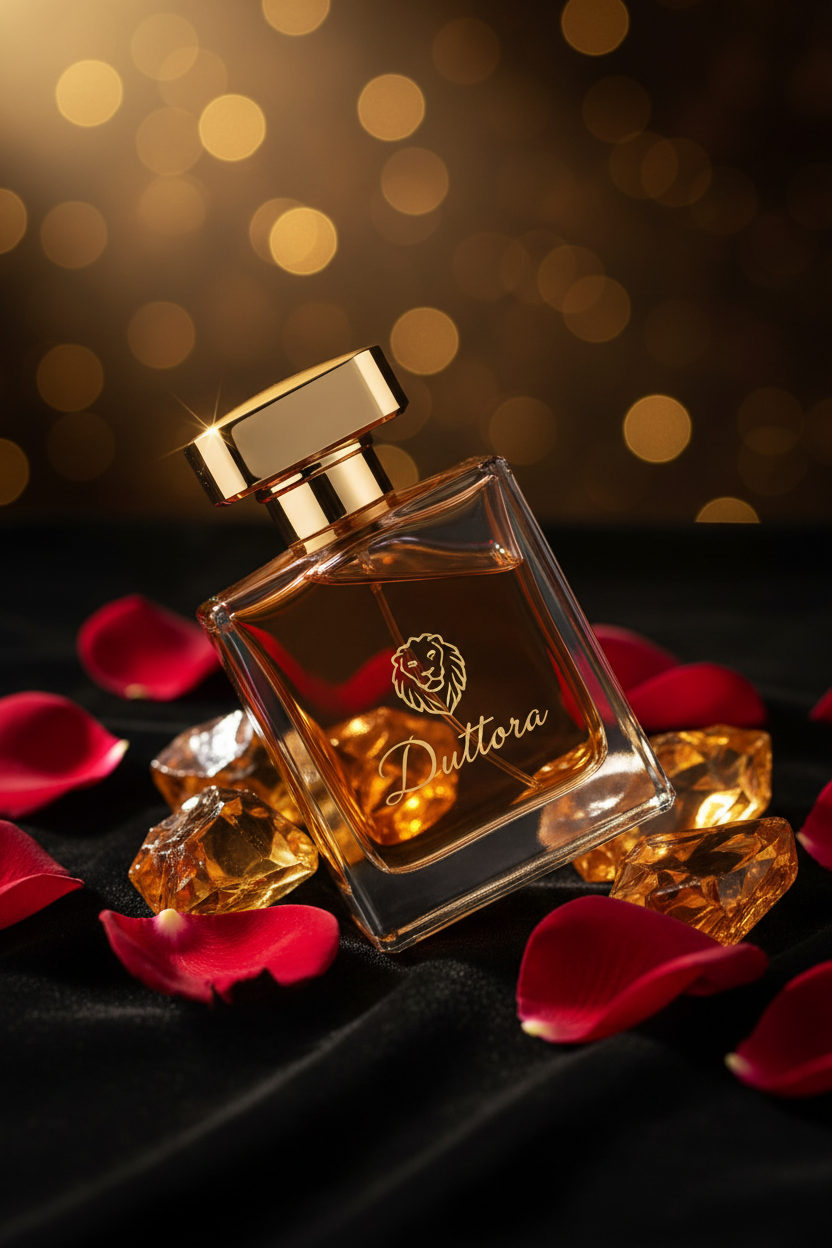 Duttora perfume bottle on black velvet with rose petals and amber crystals